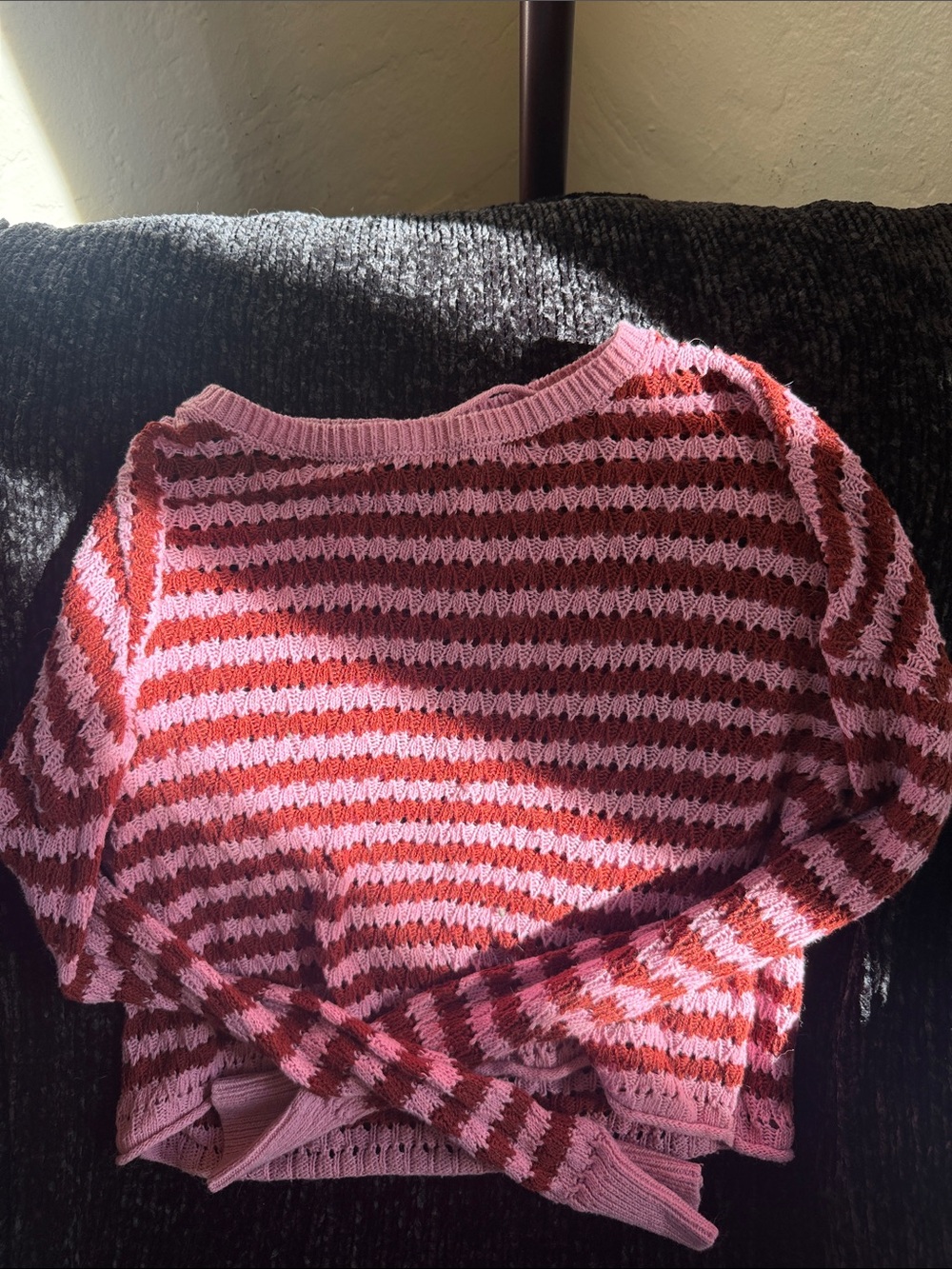 Vero Moda Pink and Red Striped Open-Knit Crewneck Sweater